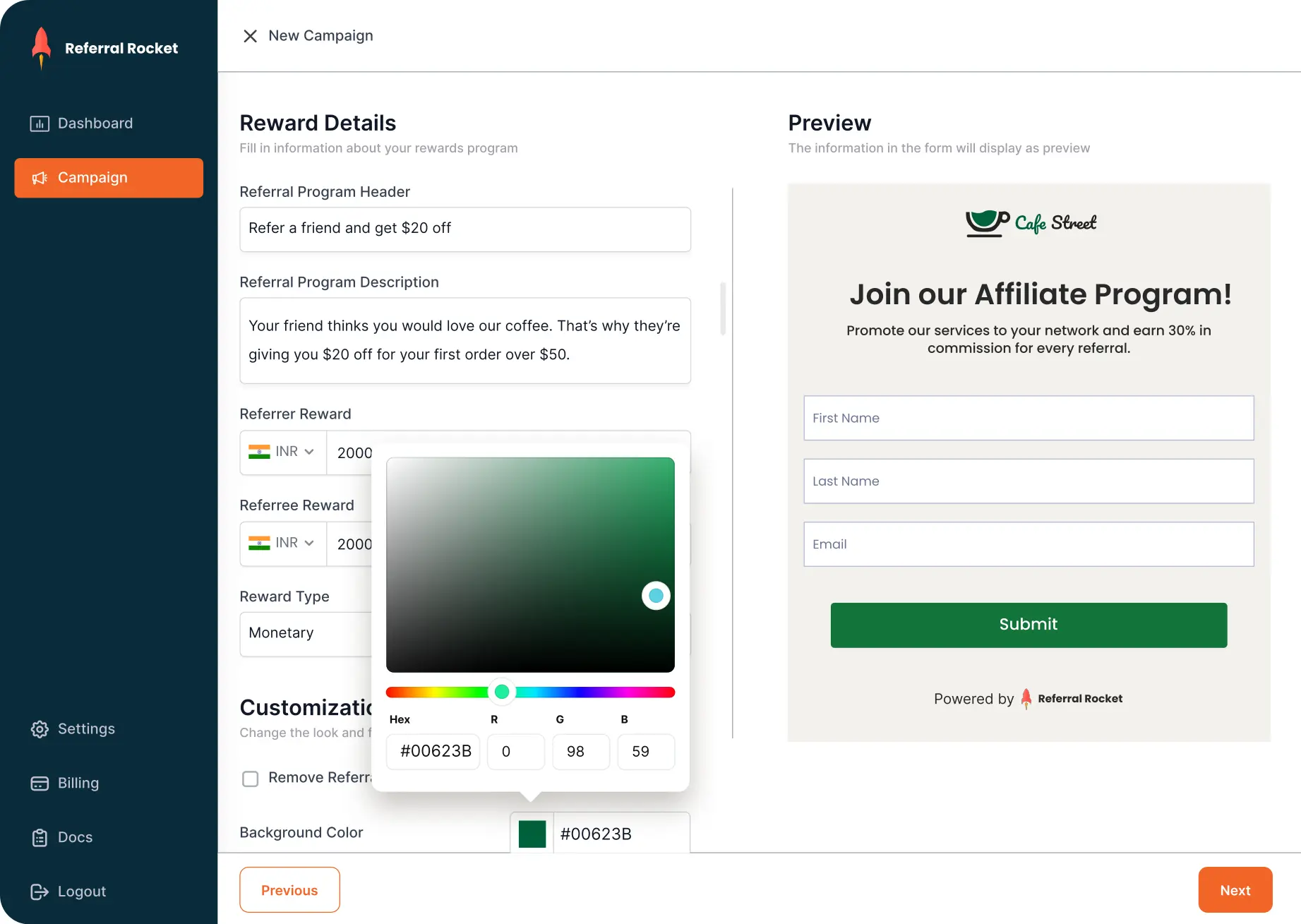 Referral Rocket customizable program settings — commission type, reward amount, duration, and branding.