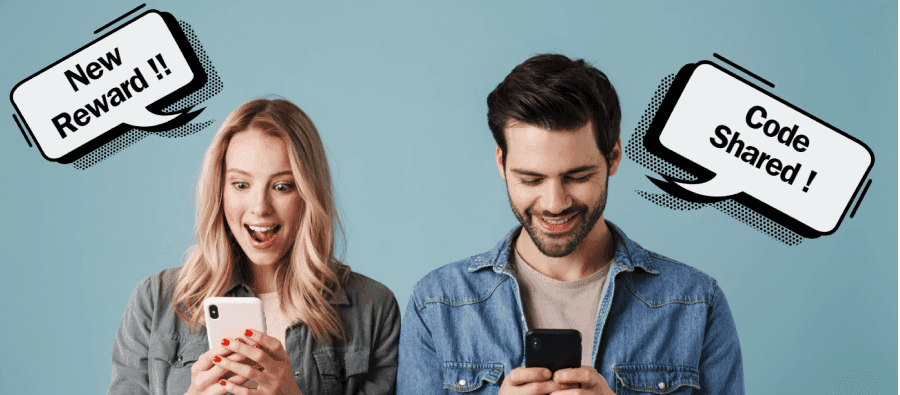 Excited users sharing codes and receiving rewards, showcasing how Referral Rocket's software engages both affiliates & customers effortlessly.