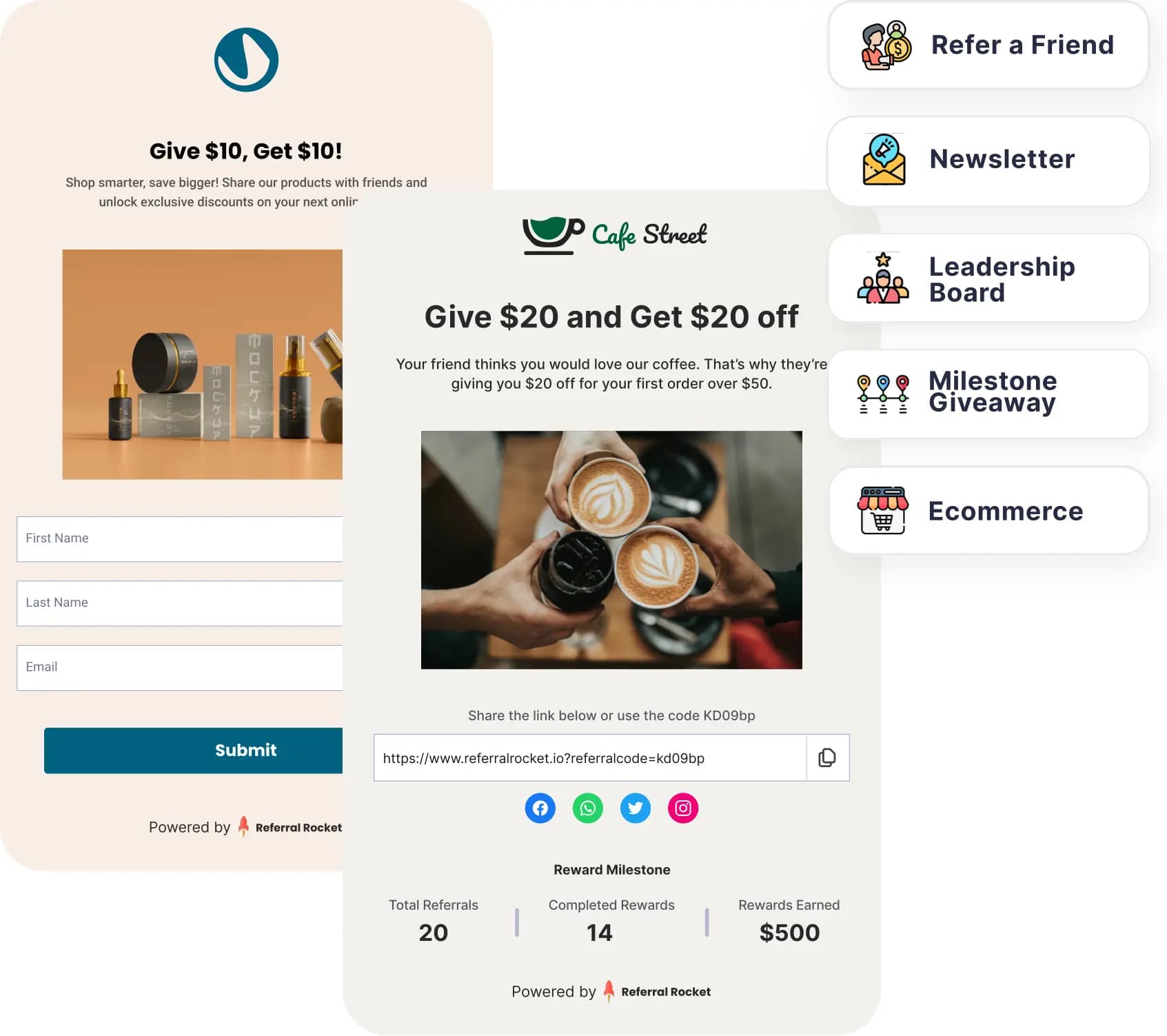 Run referral campaigns like refer-a-friend, reward milestones, newsletters, and ecommerce promotions with Referral Rocket.
