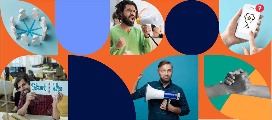 Collage illustrating startup growth, collaboration, rewards, and promotion, highlighting how Referral Rocket empowers founders